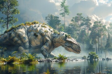 A colossal dinosaur looms by a calm lake amidst the foggy atmosphere of an ancient, dense forest