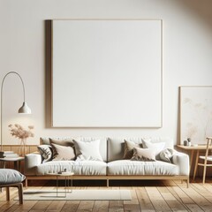A living room with a template mockup poster empty white and with a large white frame art attractive used for printing.