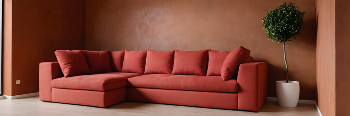 Red modular corner sofa against blank brown stucco wall with copy space. Loft interior design of modern living room design