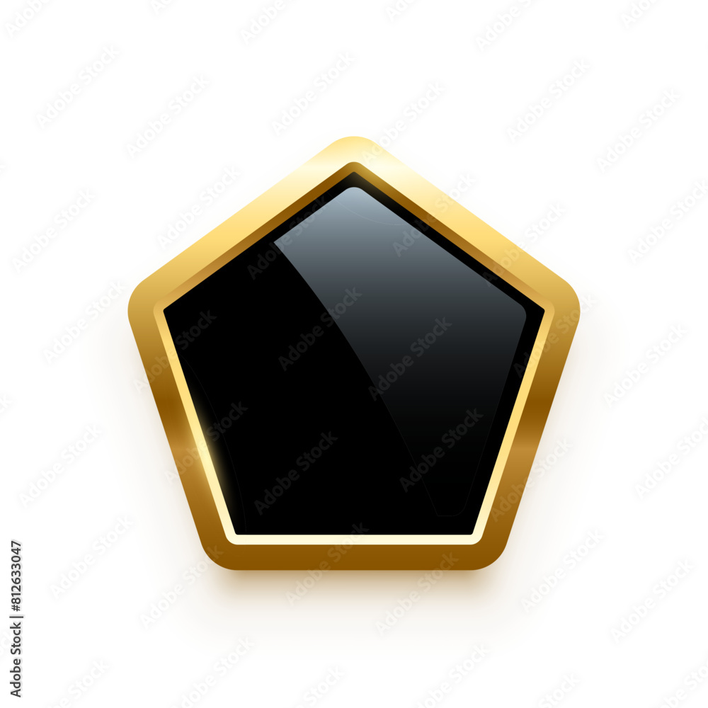 Poster black pentagon button with golden frame vector illustration. 3d glossy elegant design for empty labe