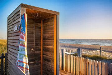 Seaside shower shack with beach towel hanging, under sunny skies