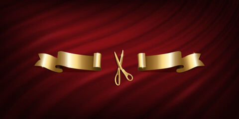 Gold scissors cut ribbon at grand opening ceremony vector illustration. 3d realistic luxury banner on red royal curtain mantle background. Traditional ritual of launching new business, inauguration