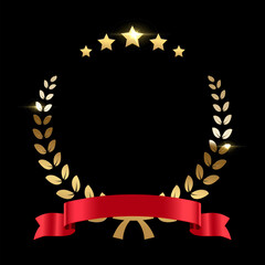 Gold laurel wreath with red ribbon, stars and place for name of winner. Award icon. Champion reward. 3d realistic luxury leadership prize for awarding ceremony, competition, championship, best player