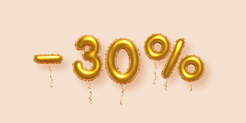 Discount creative composition with gold percent off. 3d Golden sale symbol with decorative balloon numbers, minus and percent signs. Sale banner or poster on beige background vector illustration