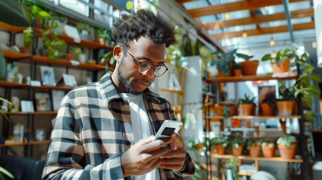 Young man wearing glasses and a plaid shirt is using his phone in a greenhouse filled with plants.