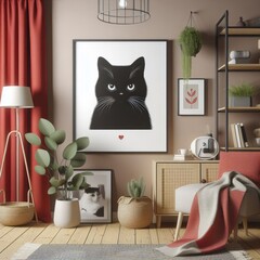 A Room with a template mockup poster and with a picture of a cat realistic harmony has illustrative meaning.