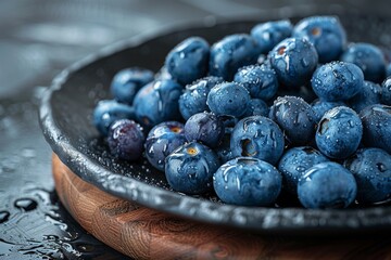 Close-up of juicy blueberries in a rustic pan with water droplets, indicating freshness