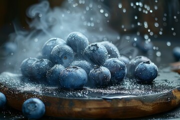 Stunning presentation of blueberries with sugar crystals and smoke effect