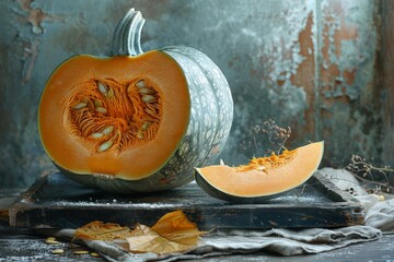 A meticulously halved pumpkin reveals its seeds and pulp, presented on a rustic surface with a moody backdrop