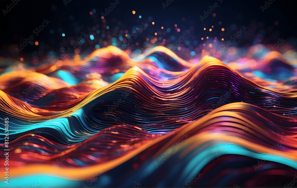 Poster an abstract image of a wave of colourful lights, abstract background and technological background co