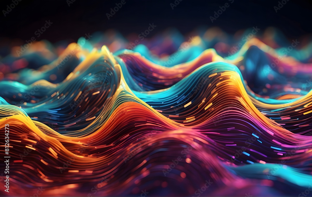 Poster an abstract image of a wave of colourful lights, abstract background and technological background co