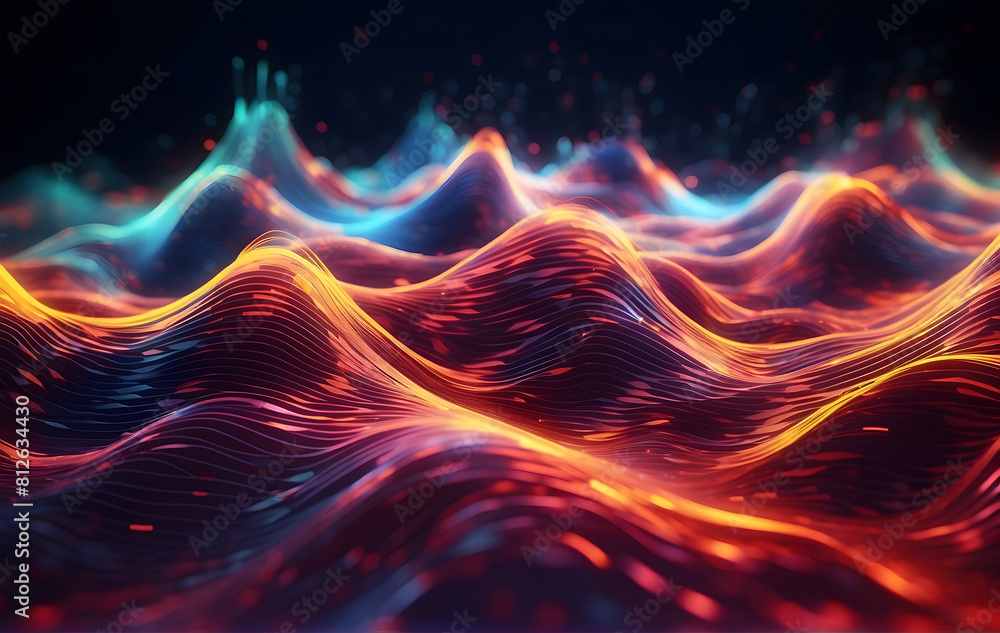 Poster an abstract image of a wave of colourful lights, abstract background and technological background co