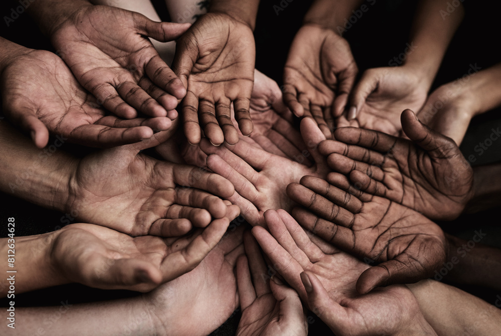 Poster Hands, people and beg with gesture for symbol with poor group or poverty with unity in community. Gratitude, kindness and support with sign for solidarity with diversity or connection with together.