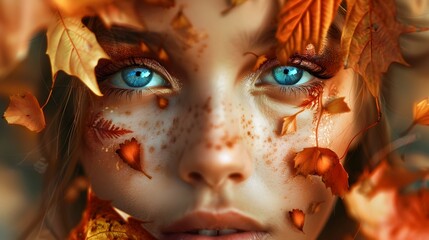 Autumn Enchantment Captivating Fantasy Portrait of a Redheaded Woman with Freckles and Piercing Blue Eyes Surrounded by Vibrant Fall Leaves