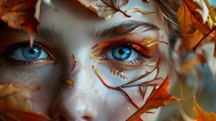 Ethereal Autumn Portrait of a Captivating Mysterious Woman with Striking Blue Eyes Surrounded by Vibrant Fall Leaves