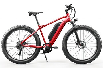 Innovative mid-drive red e-bike with battery-powered electric engine for city touring or trekking