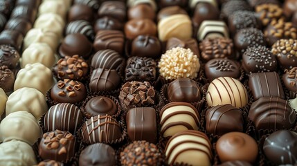   A close-up of a chocolate tray with white and dark chocolates arranged neatly