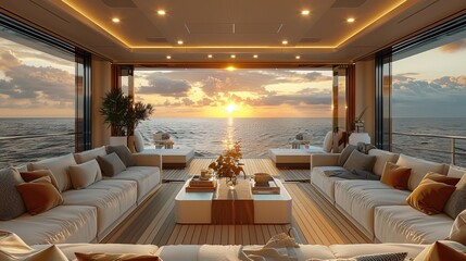 Sofas and dining area on the deck of a luxury yacht with blue accents. View from inside to outside during golden hour lighting. Yacht interior design concept. High resolution photography. 