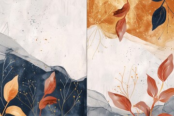 
Abstract art autumn background vector. Luxury minimal style wallpaper with golden line art and botanical leaves, Organic shapes, Watercolor. Vector background for banner, poster, Web and packaging.