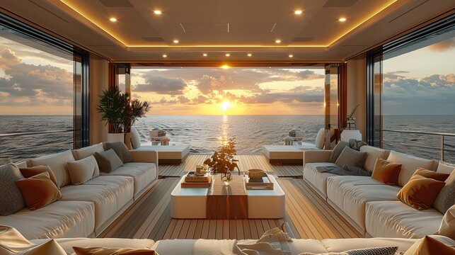 Sofas and dining area on the deck of a luxury yacht with blue accents. View from inside to outside during golden hour lighting. Yacht interior design concept. High resolution photography. 