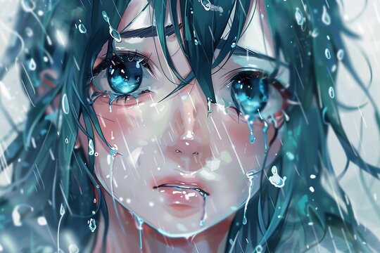 An anime girl crying, expressing deep feelings of emotional distress and sadness