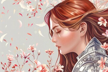 Beautiful princess knight and fantasy flowers. Side facing illustrations.