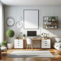 A Room with a template mockup poster empty white and with a desk and a computer art realistic realistic harmony.
