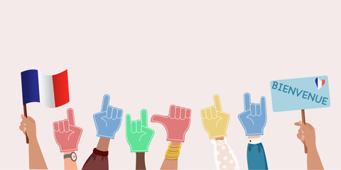 Risen up Hands of sport fans wearing foam fingers. Gloves on supporters hands cheering for team. Soccer or football competition, support, sports concept for banner, website design or landing web page