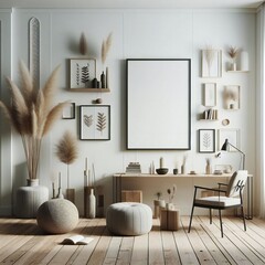 A Room with a template mockup poster empty white and with a desk chair and a picture frame realistic photo used for printing.