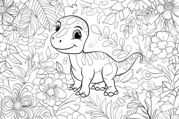 Embark on a coloring adventure with this adorable baby dinosaur coloring page template featuring a cute tyrannosaur set against an abstract floral background. Let your creativity roam free as you brin