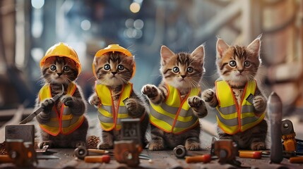 Feline Construction Crew in Safety Gear Working on Job Site