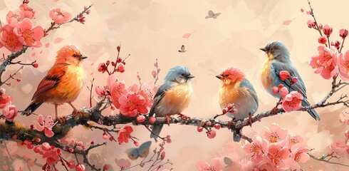 Spring background with beautiful blooming apple trees and little cute baby birds sitting on the branch, a group of sparrow birds in the style of a family in the garden.