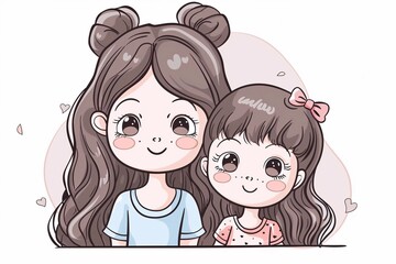 Create delightful moments with this cute kawaii coloring page featuring a Mom and daughter cartoon character. This vector illustration captures the heartwarming bond between mother and child, perfect 