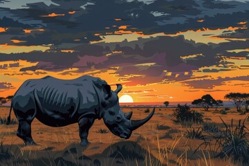 A powerful rhino standing majestically on a grass covered field. Perfect for wildlife and nature themes - Powered by Adobe