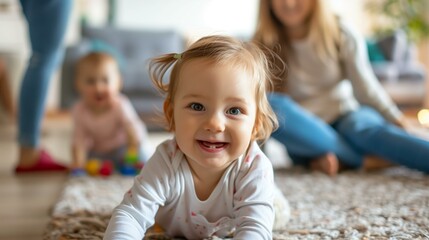 Mother baby playing on floor toys