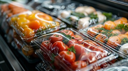 Transparent plastic packaging of various fresh produce in grocery store concept of food packaging