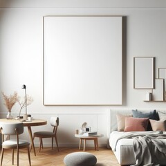 A Room with a template mockup poster empty white and with a large picture frame art realistic attractive.
