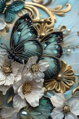Detailed paper artwork featuring a black and teal butterfly resting on gilded white flowers