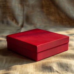 Red gift box on linen canvas fabric, mockup
