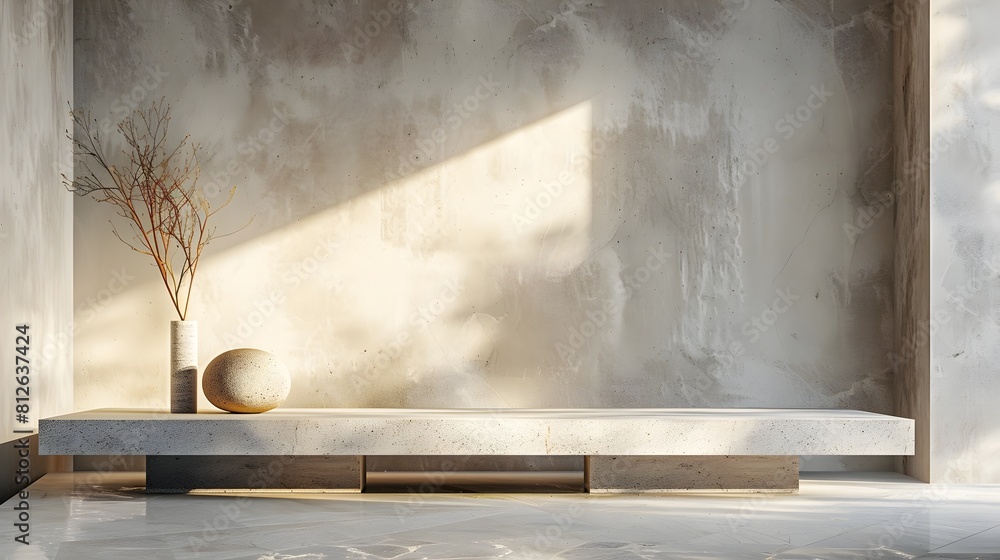 Poster illuminated sculpture display table in minimalist art gallery setting