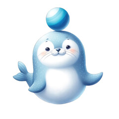 Naklejka premium a cute seal playing ball watercolor style 