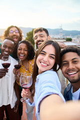 Group of diverse friends taking selfie and having fun at rooftop home party holding glass of red wine. Beautiful young people. Smiling community drinking on outdoor terrace. Positive friendship