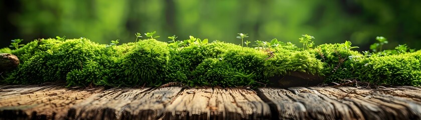 Serene Moss Covered Wooden Surface for Natural Wellness Product Presentation with Ample Copy Space