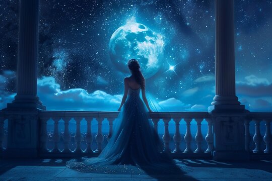 
Fantasy woman princess stands on balcony looks at night sky space cosmos stars. Girl enjoy magic starfall ball. Elegant long shiny blue dress
