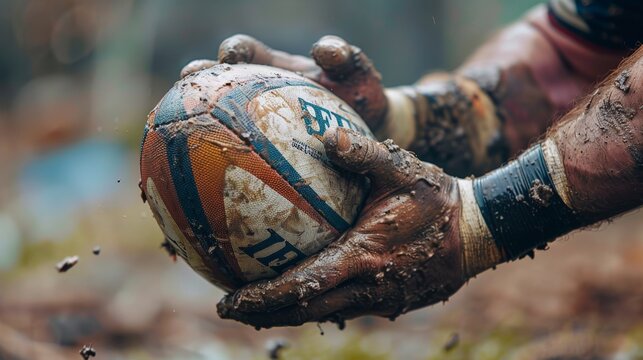 A close up of a rugby ball being held in muddy hands. The ball is being held by a player who is about to pass it to a teammate. - Powered by Adobe