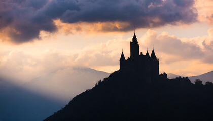 Fototapeta premium Dark silhouette gothic castle on mountain top, dramatic sky clouds. Spooky Halloween concept
