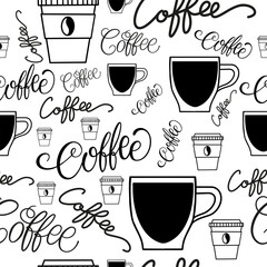 Seamless pattern, inscriptions: coffee. Doodle style, freehand drawing. For wallpapers, postcards, greetings, backgrounds, menus, design of cafes and shops. Vector