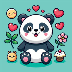 A cartoon panda bear is sitting on a green background with a bunch of hearts and other cute things around it