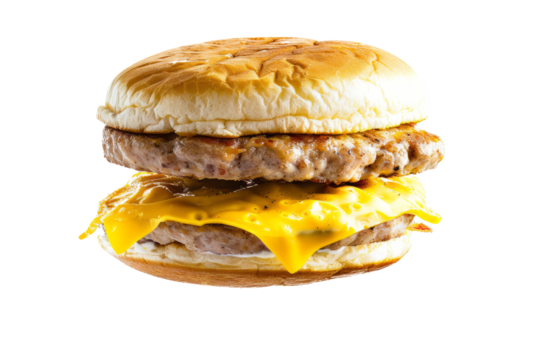 A breakfast sandwich soaring through the air, filled with eggs, cheese, and a sausage patty.