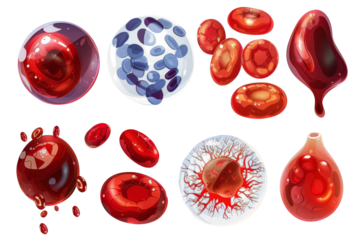 A set illustrations showcasing different types of human cells, including red blood cells, white blood cells, and platelets.
